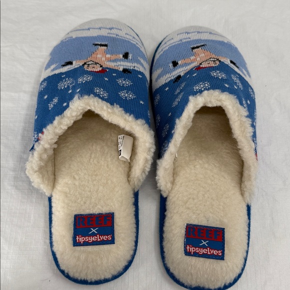 Reef x Tipsy Elves Slippers Wm Large EU 38/39 Blue Nude Naked Skating Santa Snow - Picture 5 of 9